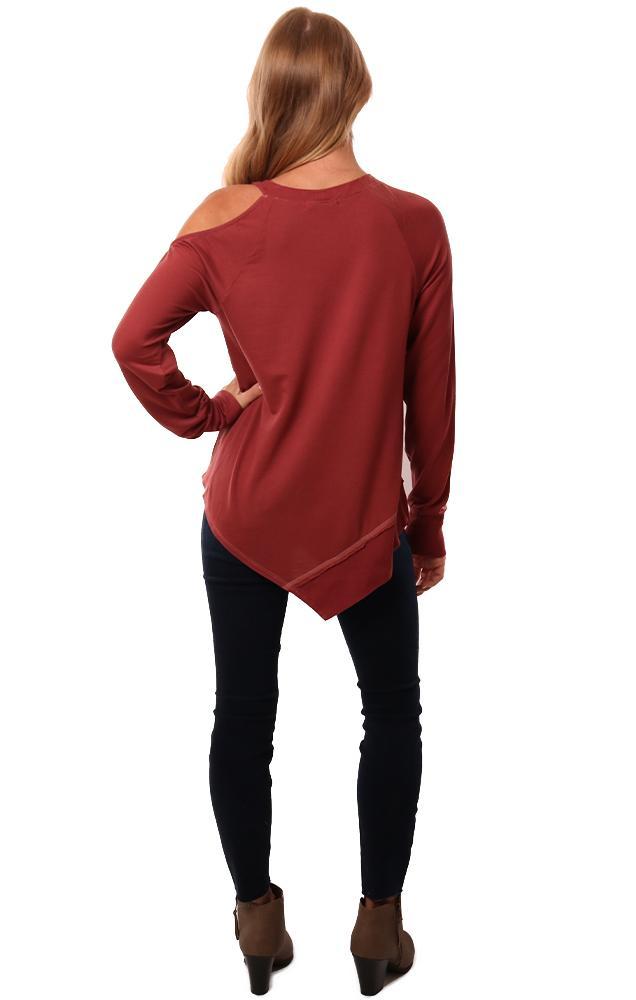 Red Haute Tops Cold Shoulder Long Sleeve Crew Neck Asymmetrical Pullover Top