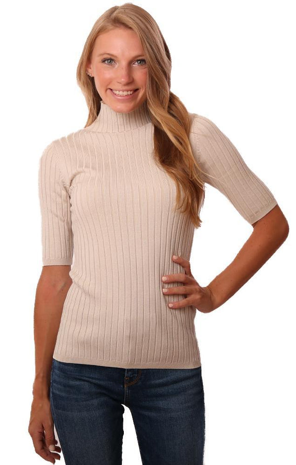 525 America Tops Ribbed Fitted Mock Neck Tan Top