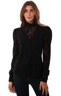 Red Haute Tops Long Pouf Sleeve High Neck Black Lace Top