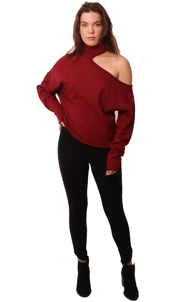 Six Fifty Tops Cutout Mock Neck Long Sleeve Burgundy Knit Sweatshirt