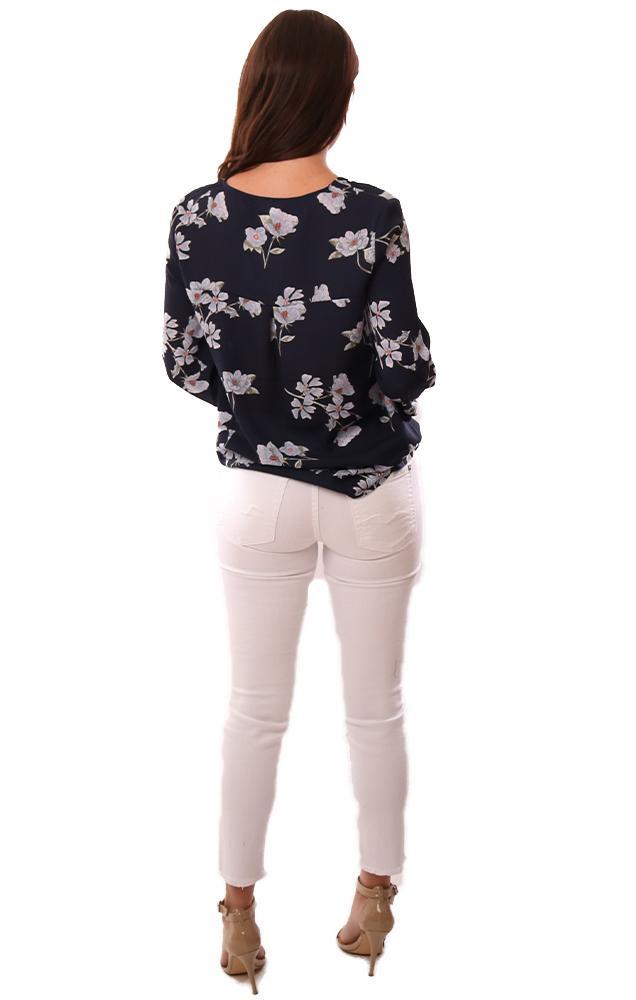 BB Dakota Tops Long Sleeve Tied V Neck Floral Print Cross Front Navy Fall Blouse