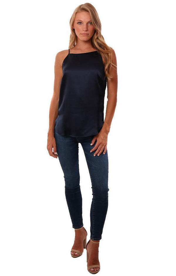 Amanda Uprichard Tops High Neckline Thin Strap Flowy Blue Silky Blouse