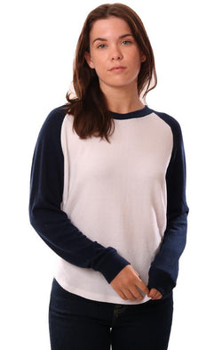 Six Fifty Tops Crew Neck Long Sleeve White Navy Raglan Hacci Knit Pullover