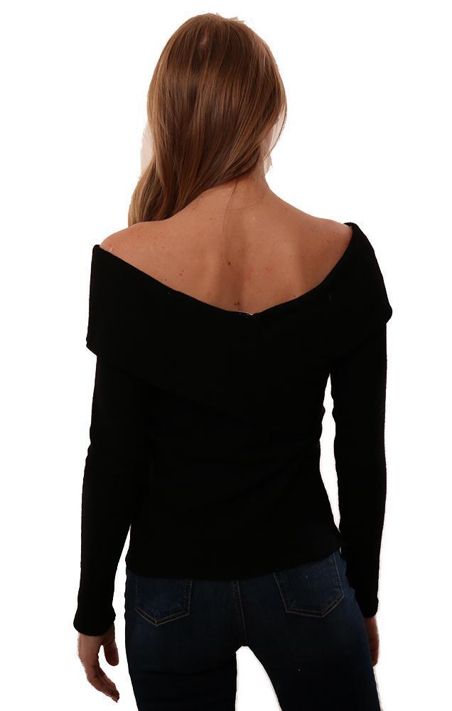 Red Haute Tops Long Sleeve Off The Shoulder Cross Over Black Knit