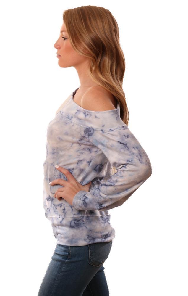 Red Haute Tops Long Sleeve Cutout Shoulder Blue Marbled Print Top