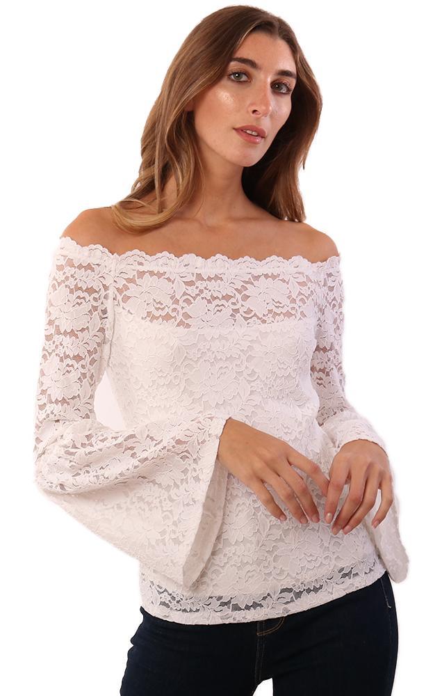 Red Haute Tops Off The Shoulder Long Bell Sleeve Lace Ivory Top