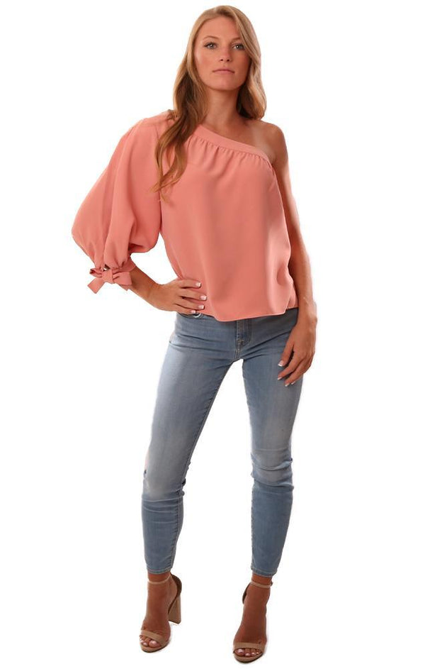 Amanda Uprichard Tops One Shoulder Slit Sleeve Coral Blouse