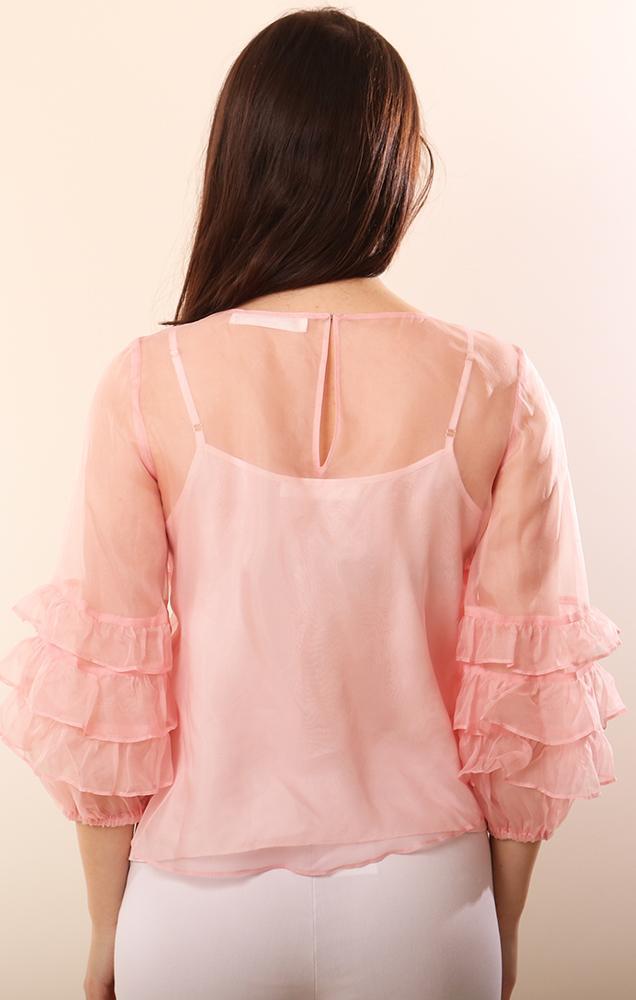 Amanda Uprichard Tops Ruffle Sleeve Sheer Pink Pretty Spring Blouse