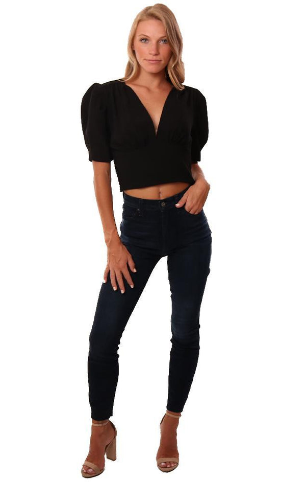 Amanda Uprichard Tops Pouf Sleeve V Neck Crop Black Mini Top