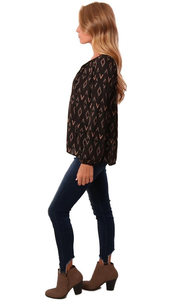 Veronica M Tops Long Sleeve Tied V Neck Black Red Printed Fall Blouse