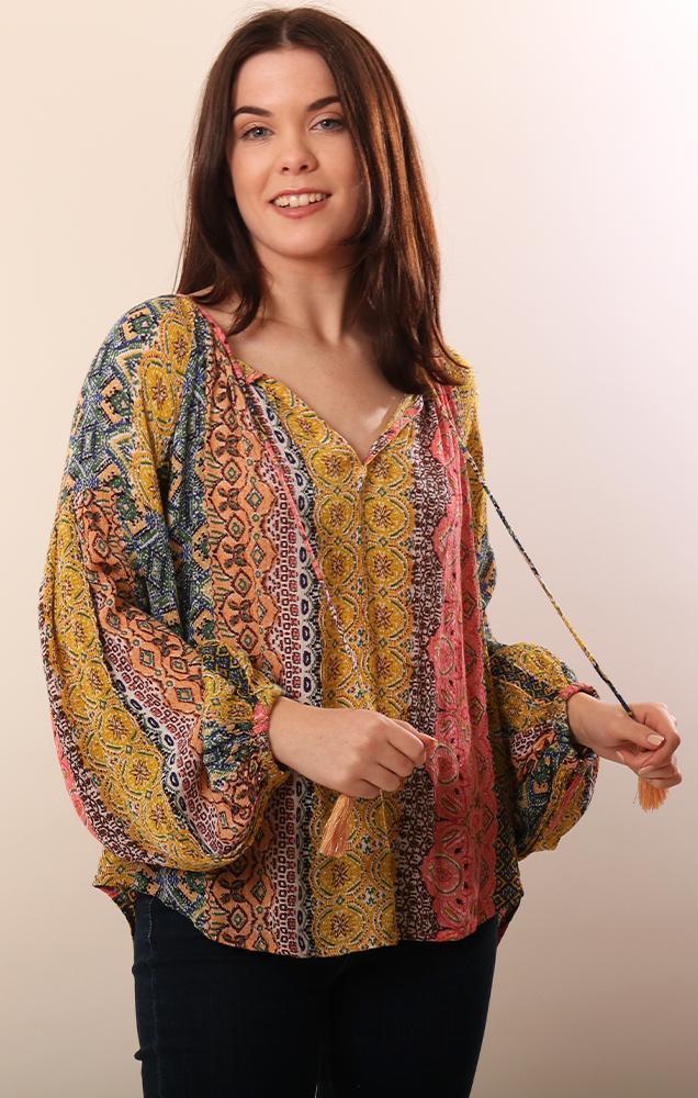 Tops Tie Neck Long Balloon Sleeve Printed flowy festival blouse