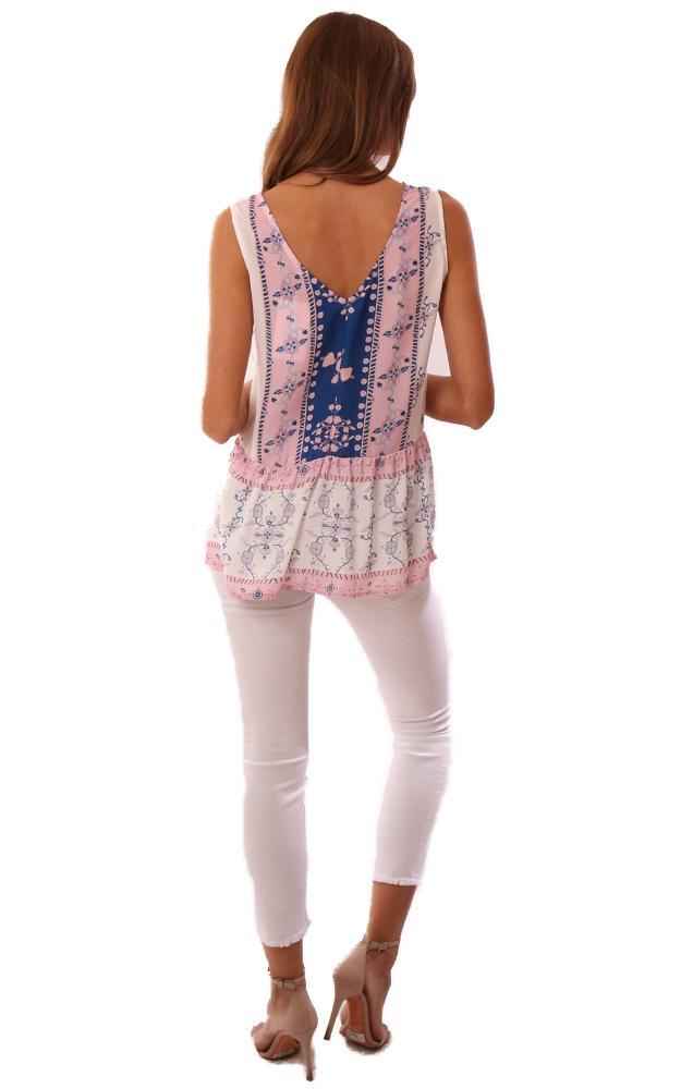 Q&A Tops Sleeveless V Neck Button Front Printed Boho Blouse