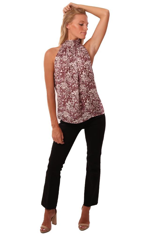 Red Haute Tops Halter Tie Neck Sleeveless Purple Printed Dressy Top