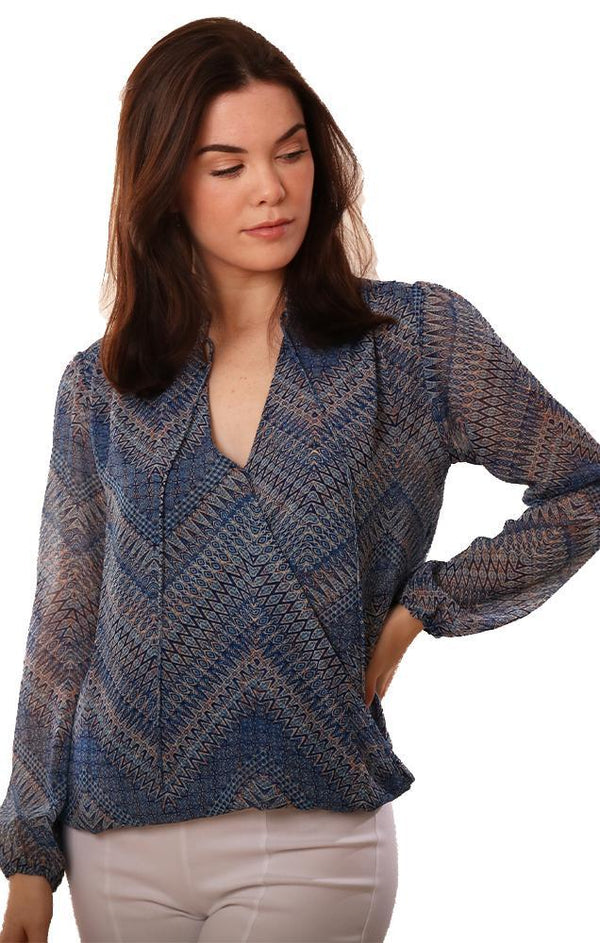 Veronica M Tops Long Sleeve Cross Front Tie Neck Blue Printed Blouse