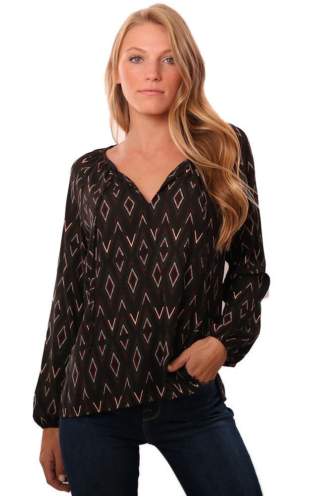 Veronica M Tops Long Sleeve Tied V Neck Black Red Print Blouse