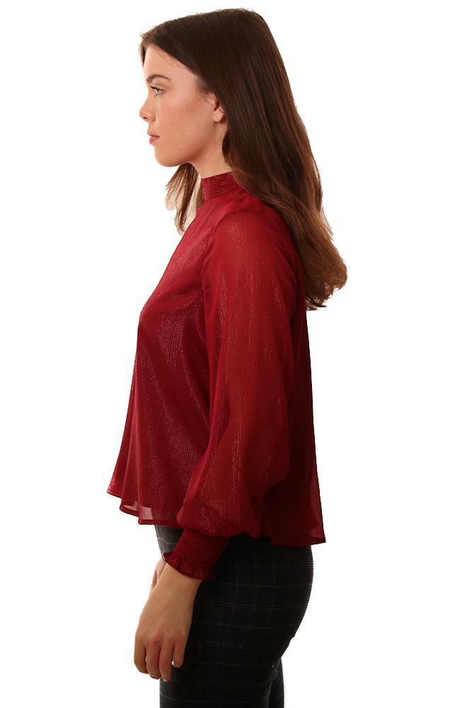 BB Dakota Tops Smocked Cuff High Neck Burgundy Shimmer Top