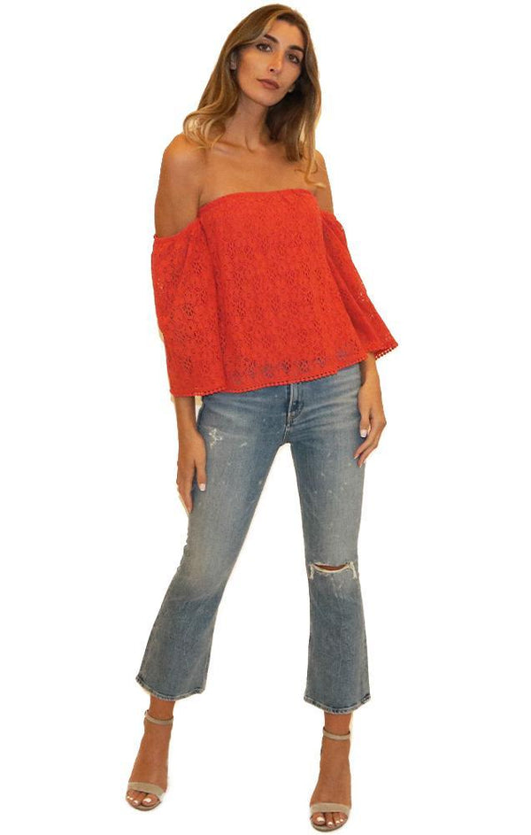 Cupcakes And Cashmere Tops Off The Shoulder Bell Sleeve Lace Blouse