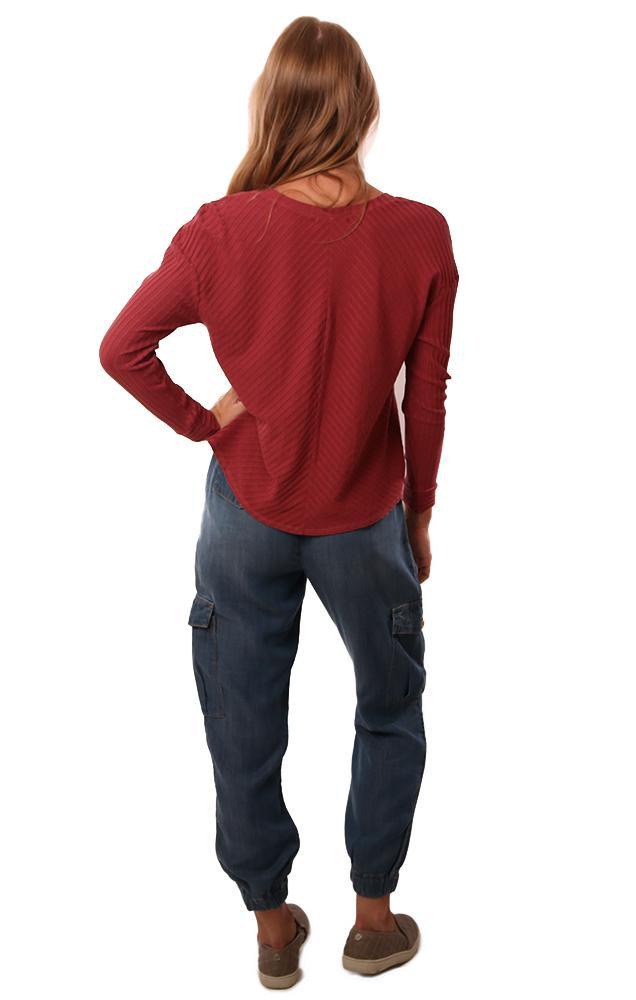 Red Haute Tops Long Sleeve V Neck Ribbed Flowy Dusty Red Top