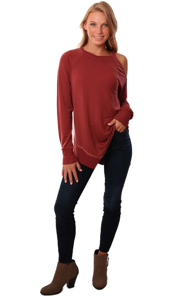 Red Haute Tops Cold Shoulder Long Sleeve Crew Neck Asymmetrical Top