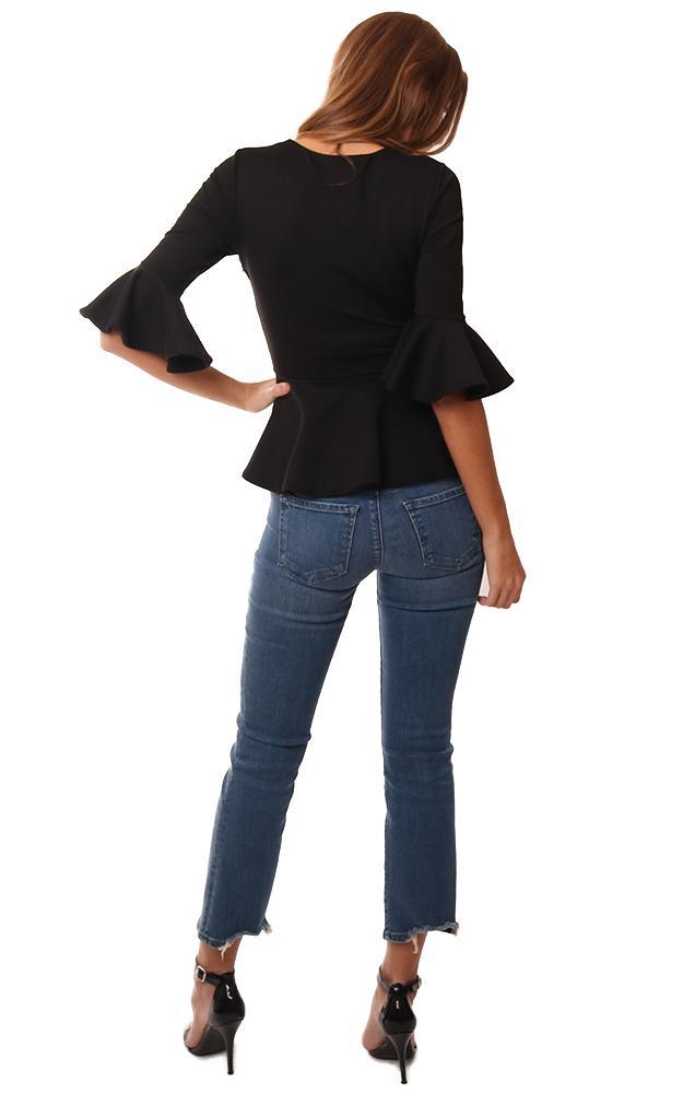 Susana Monaco Tops V Neck Bell Sleeve Flare Ruffle Hem Black Top