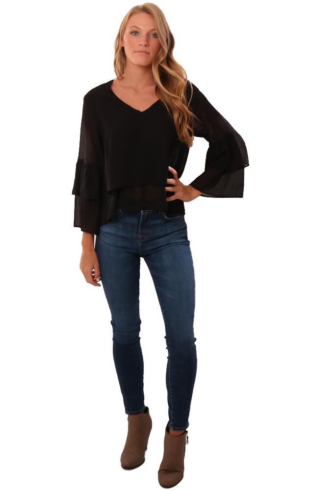 Veronica M Tops Ruffle Sleeve V Neck Lightweight Black Top