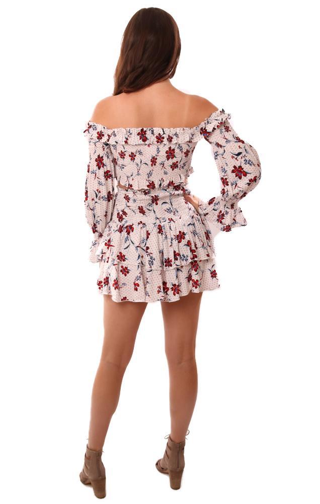 Tops Off The Shoulder Smocked Ruffle Trim Cropped Floral Matching Set Top