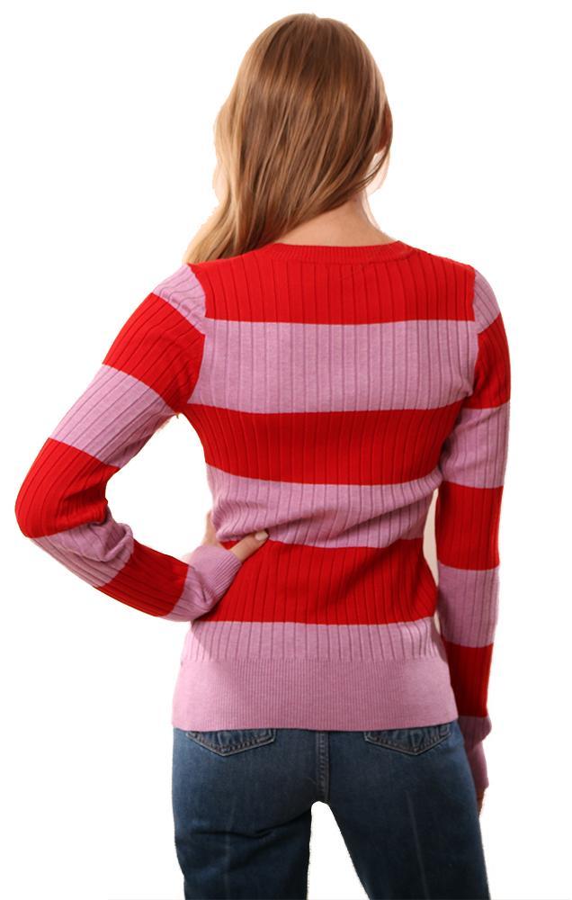 525 America Sweaters Long Sleeve Ribbed Red Pink Rugby Striped Knit Sweater