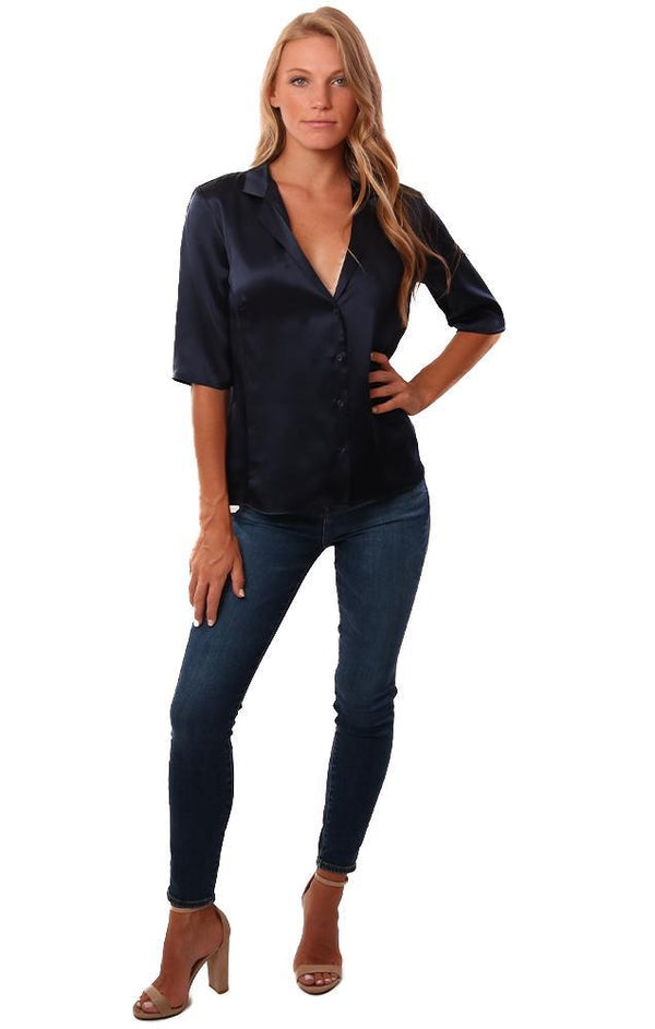 Amanda Uprichard Tops Button Front Collared Short Sleeve Silky Navy Blouse