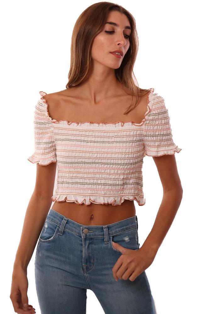 Storia Tops Smocked Short Sleeve Ruffle Trim Pastel Striped Crop