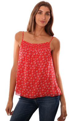 Veronica M Tops Smocked Neck Flowy Printed Red Cami Top