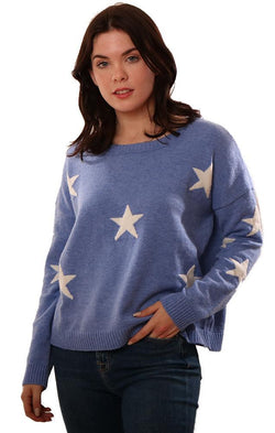 Six Fifty Tops Crew Neck Long Sleeve Star Printed Blue Pullover Knit