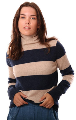 525 America Sweaters Long Sleeve Mock Neck Beige Navy Striped Cashmere Knit