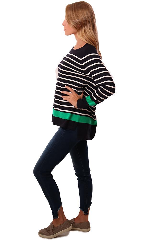 Metric Tops Long Sleeve Crew Neck High Low Navy White Green Striped Top