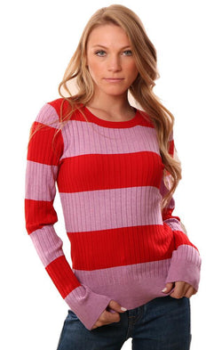 525 America Sweaters Long Sleeve Ribbed Red Pink Rugby Striped Top