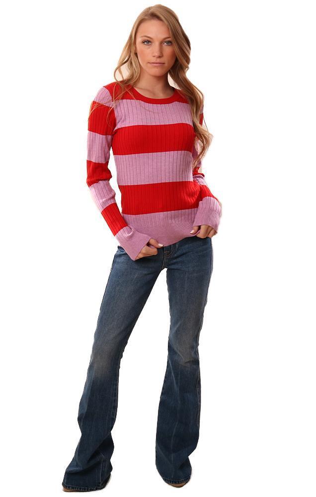 525 America Sweaters Long Sleeve Ribbed Red Pink Rugby Striped Knit