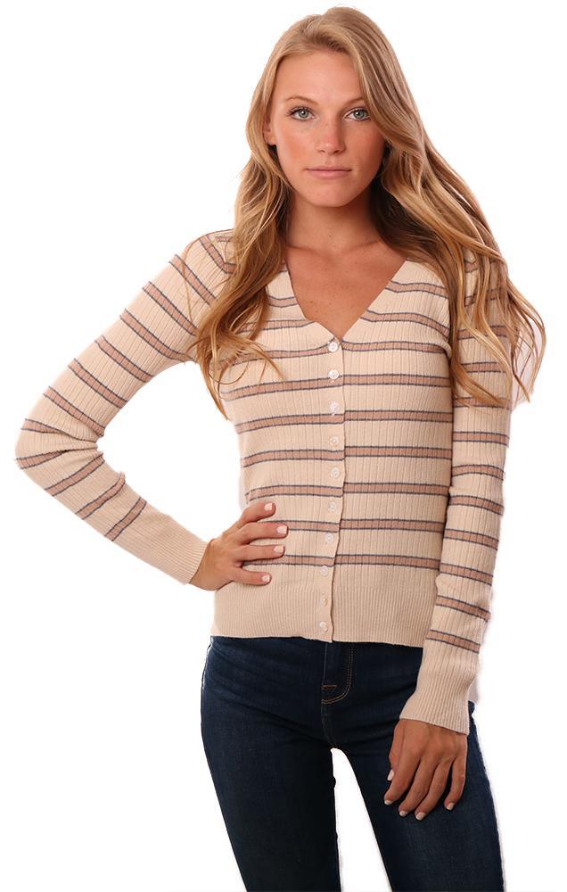 Heartloom Sweaters Long Sleeve V Neck Ribbed Button Up Pink Ivory Striped Sweater