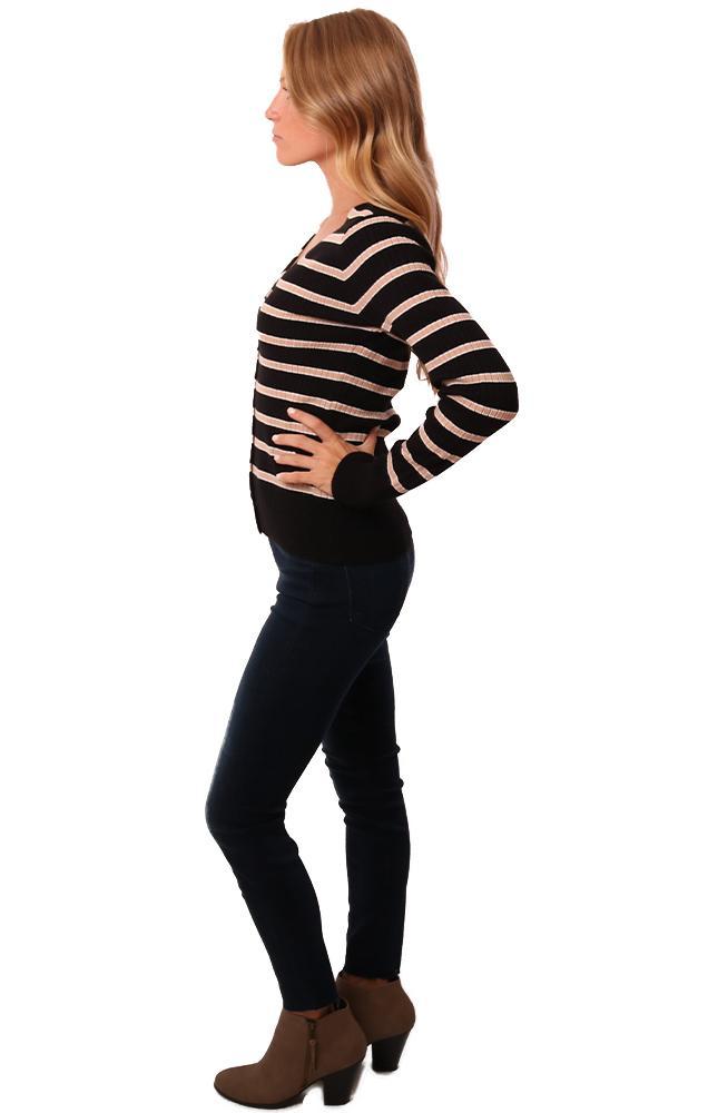 Heartloom Sweaters Long Sleeve V Neck Ribbed Button Up Black Pink Stripes Knit