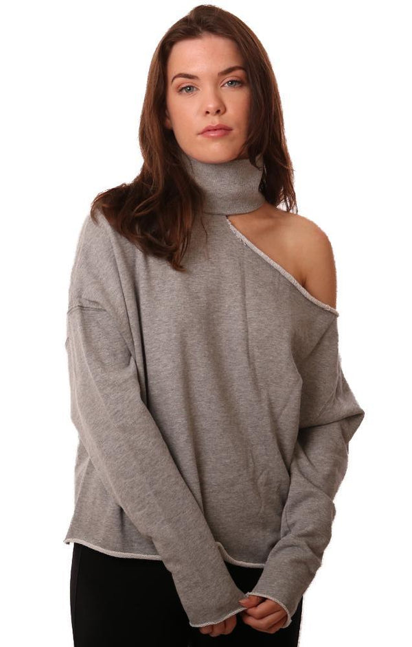 Six Fifty Tops Cutout Mock Neck Long Sleeve Grey Edgy Pullover Knit