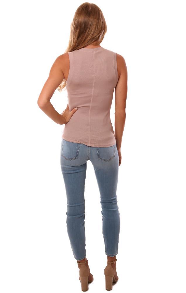 LA Made Tops Crew Neck Sleeveless Ribbed Taupe Summer Tank