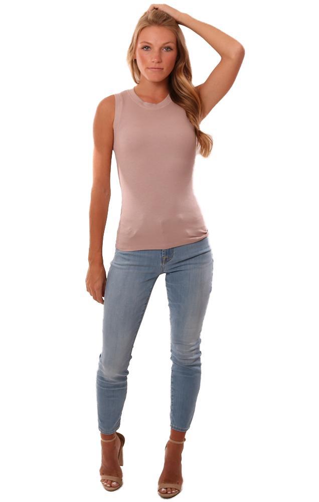 LA Made Tops Crew Neck Sleeveless Ribbed Taupe Tanks