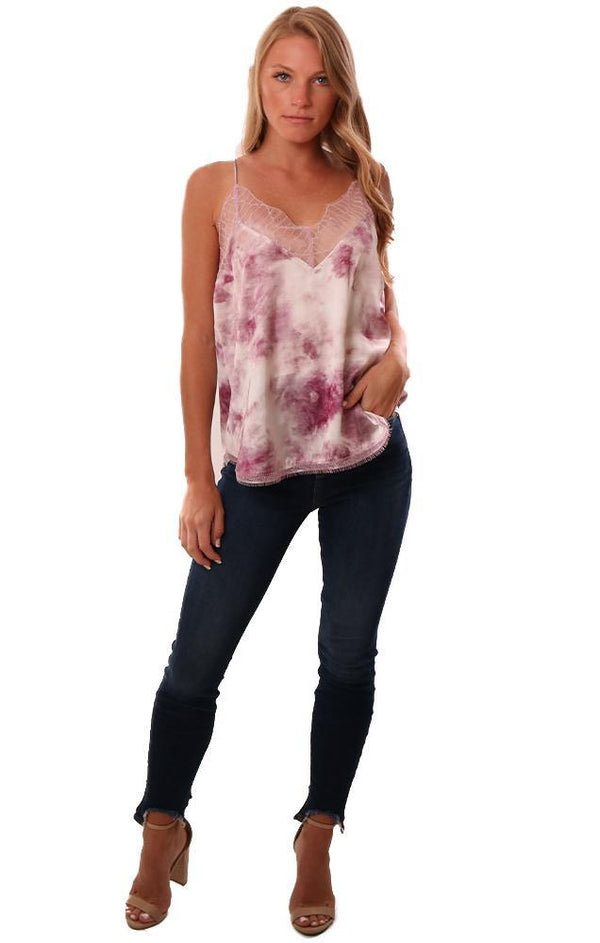 Storia Tops Lace Trim Tie Dye Silky Pink Purple Cami