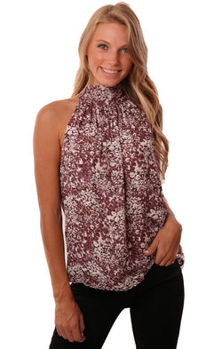 Red Haute Tops Halter Tie Neck Sleeveless Purple Printed Blouse