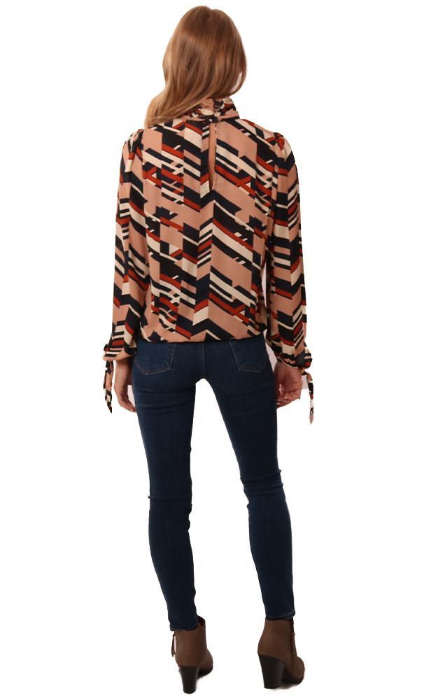 Veronica M Tops Long Tie Sleeve High Neck Retro Print Blouse