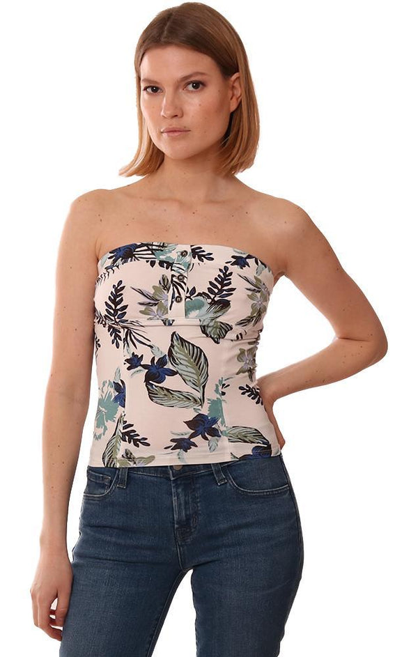 Free People Tops Strapless Button Front Tropical Print Summer Fitted Tube Top