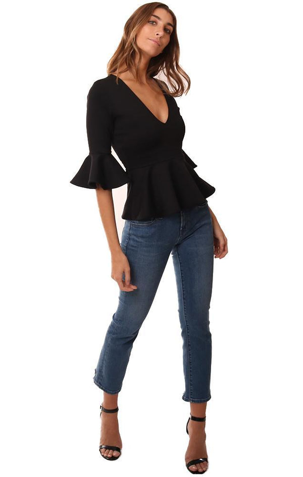 Susana Monaco Tops V Neck Bell Sleeve Flare Ruffle Hem Chic Sexy Black Top