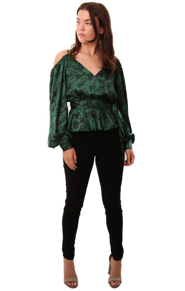 Do And Be Tops Off The Shoulder Long Sleeve Wrap Floral Green Top