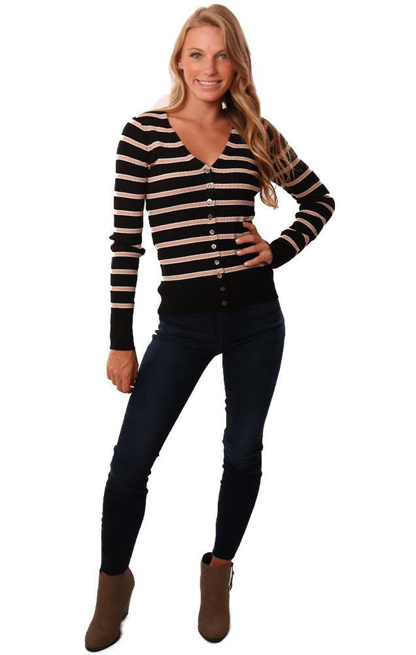 Heartloom Sweaters Long Sleeve V Neck Ribbed Button Up Black Pink Stripe Knit Top