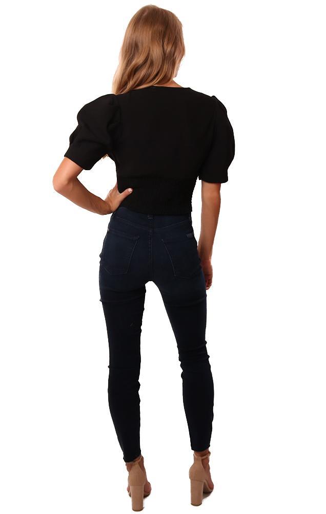 Amanda Uprichard Tops Pouf Sleeve V Neck Crop Black Blouse