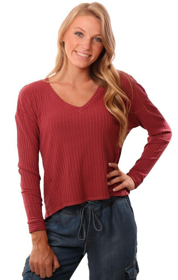 Red Haute Tops Long Sleeve V Neck Ribbed Flowy Red Top