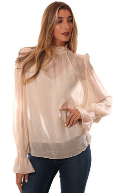 Do And Be Tops High Neck Long Peasant Sleeve Sheer Ivory Blouse